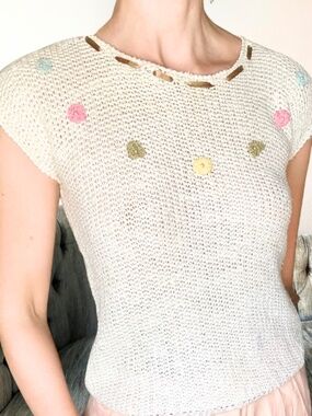 Vintage Floral Knit Top Crochet Flowers Cream Short Sleeve Small Cottagecore